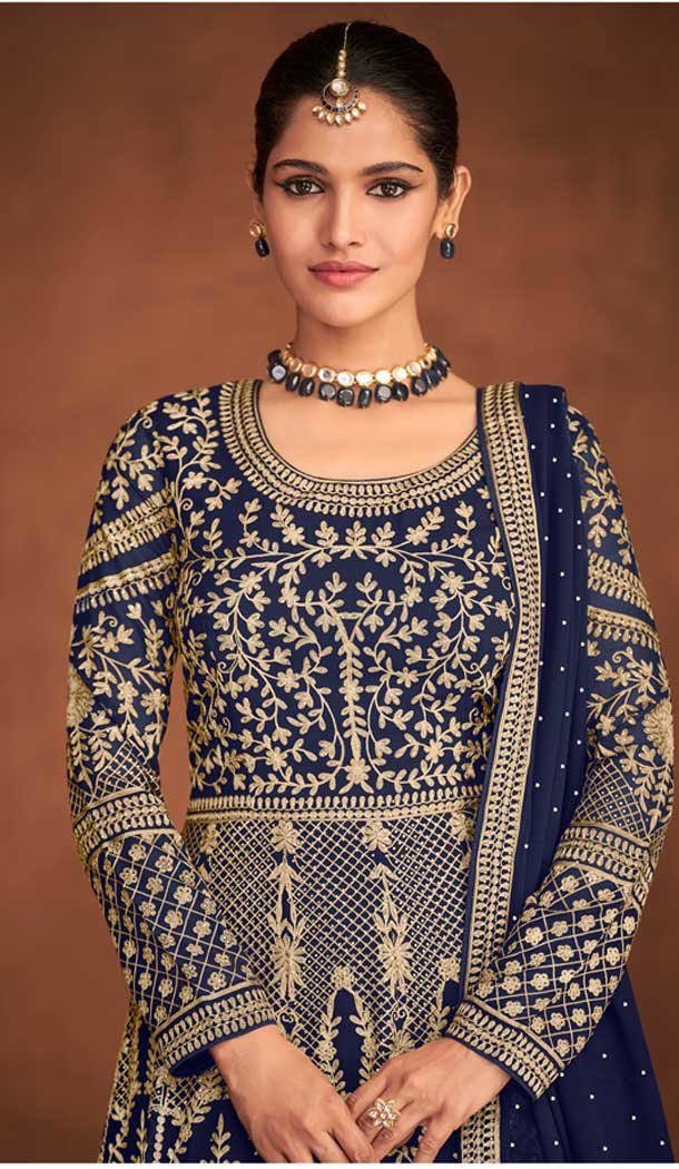 Royal Blue Color Real Georgette Designer Wedding Wear Anarkali Suit - 2824142428