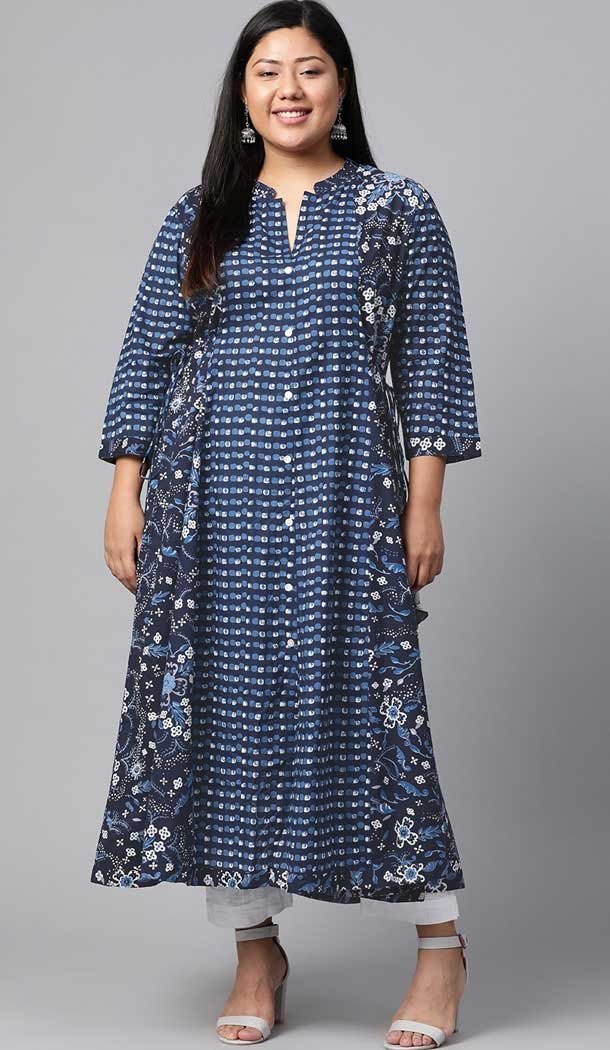 Navy Blue & Color Cotton Casual Office Wear Plus Size Women Kurti - 2837142588