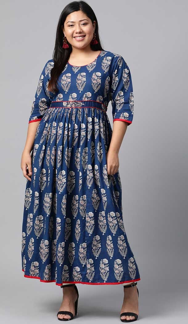 Blue & White Color Cotton Casual Office Wear Plus Size Women Kurti - 2837142589