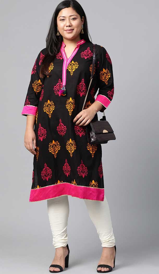 Black & Pink Color Cotton Casual Office Wear Plus Size Women Kurti - 2837142594