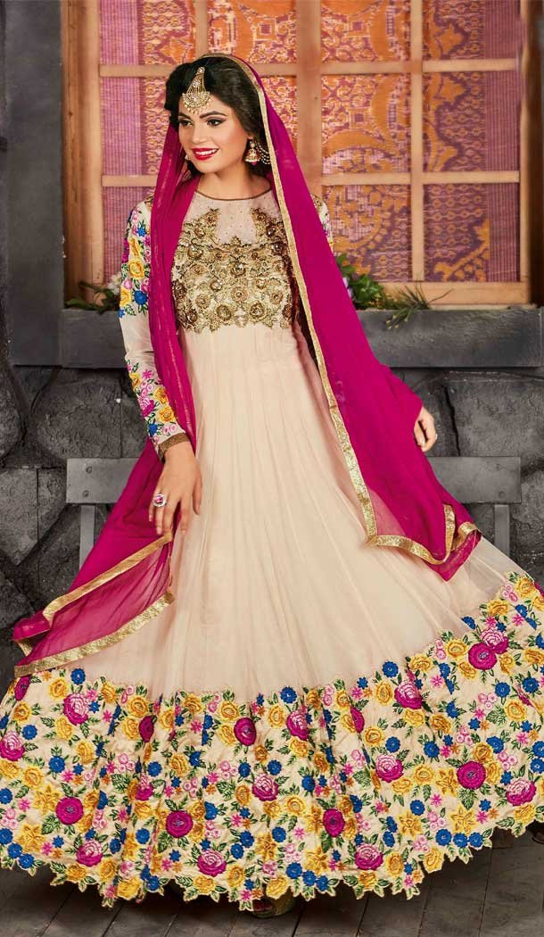 Creme Color Pure Georgette Designer Party Wear Anarkali Suit - 2887143002