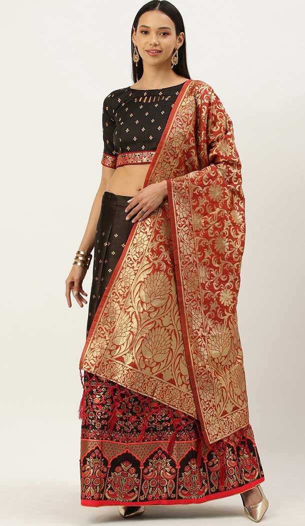 Smashy Black Red Color Jacquard Silk Traditional Wear Girls Lehenga Choli -2505139780
