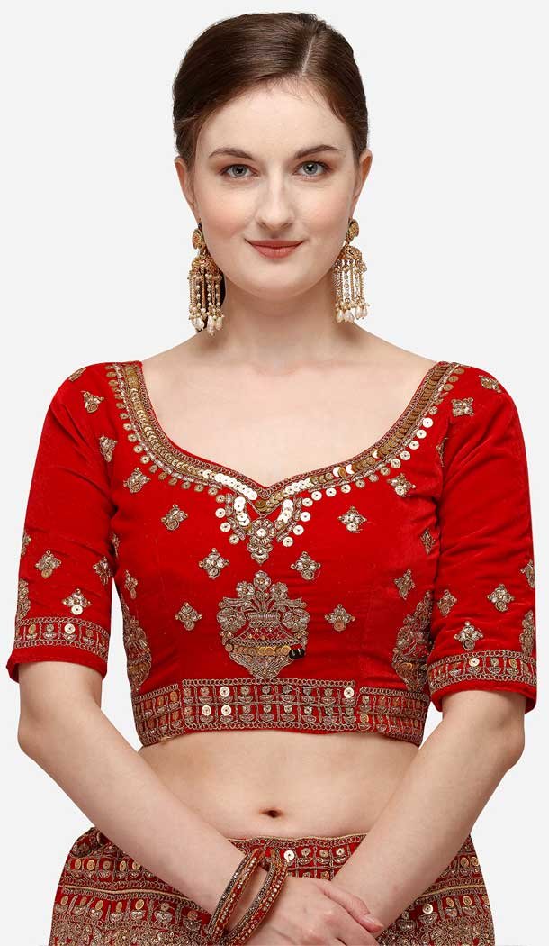 Charming Red Color Velvet Designer Wedding Wear Women Lehenga Choli -2973143496
