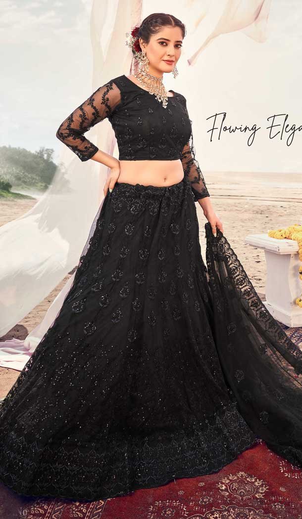 Black Color Soft Net Designer Wedding Mehendi Wear Lehenga Choli -2981143565
