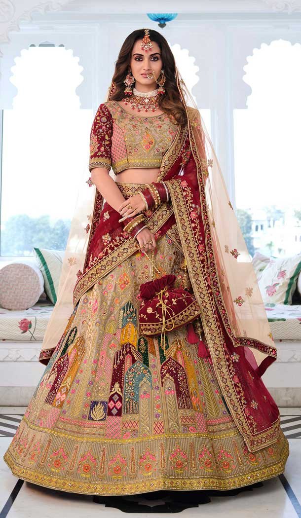 Ravishing Beige Color Fancy Heavy Embroidery Bridal Wedding Wear Lehenga Choli -3032144052