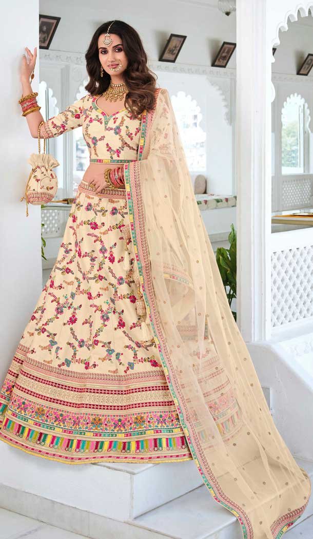 Cream Color Fancy Heavy Embroidery Bridal Wedding Wear Lehenga Choli -3032144055