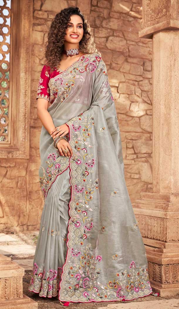 Grey Color Net Organza Designer Bridal Wedding Wear Saree Blouse -3018143941