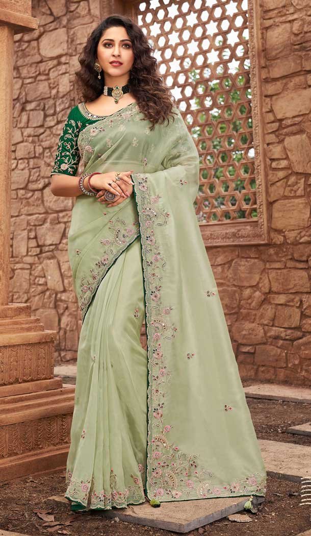 Stunning Pista Green Color Net Organza Designer Bridal Wedding Wear Saree -3018143948