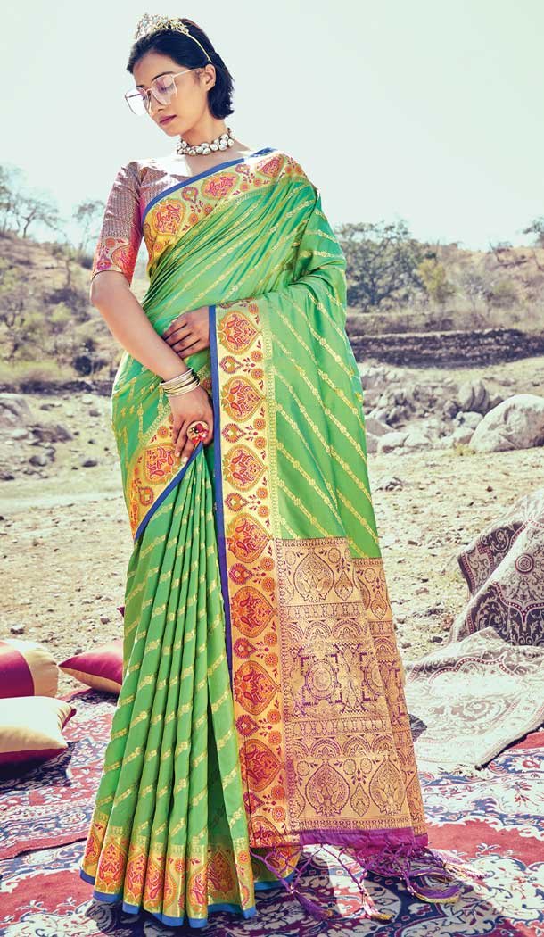 Pista Green Color Banarasi Silk Traditional Party Wear Saree Blouse -3090144433