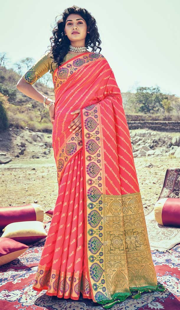 Gajar Pink Color Banarasi Silk Traditional Party Wear Saree Blouse -3090144436
