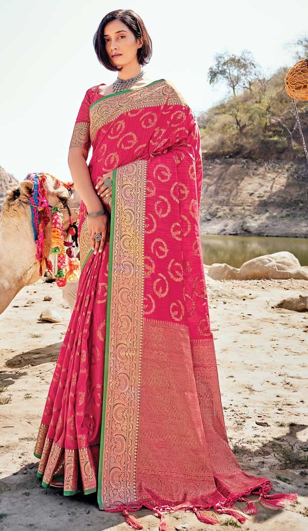 Rose Pink Color Banarasi Silk Party Wear Traditional Women Saree Blouse -3091144437