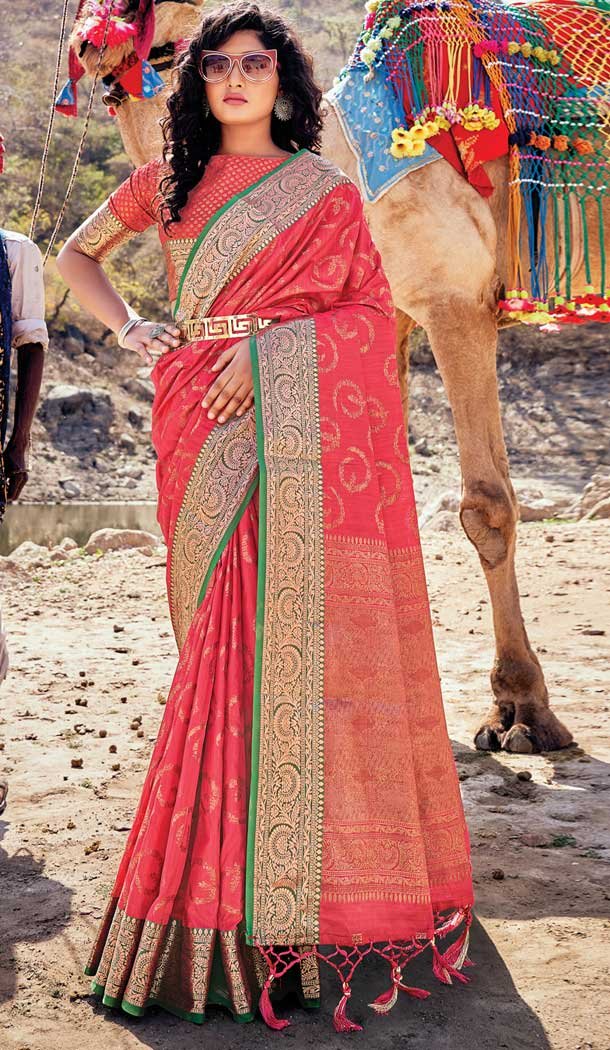 Pink Color Banarasi Silk Party Wear Traditional Women Saree Blouse -3091144442