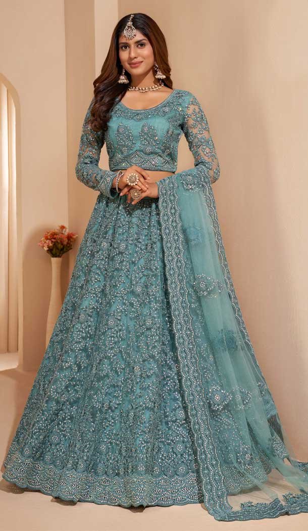 Fascinating Sky Blue Color Net Designer Wedding Sangeet Wear Lehenga Choli -3125144662