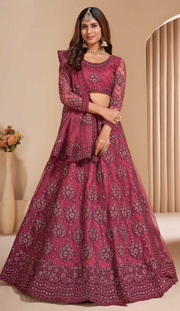 Wine Color Net Designer Wedding Sangeet Wear Lehenga Choli -3125144664