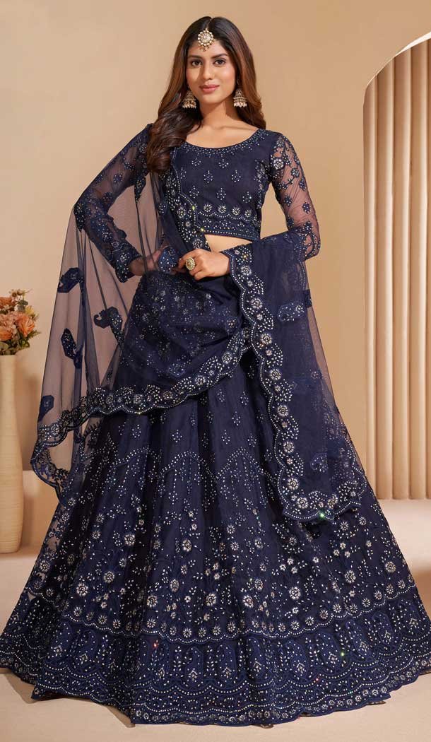 Enigmatic Dark Blue Color Net Designer Wedding Sangeet Wear Lehenga Choli -3125144667