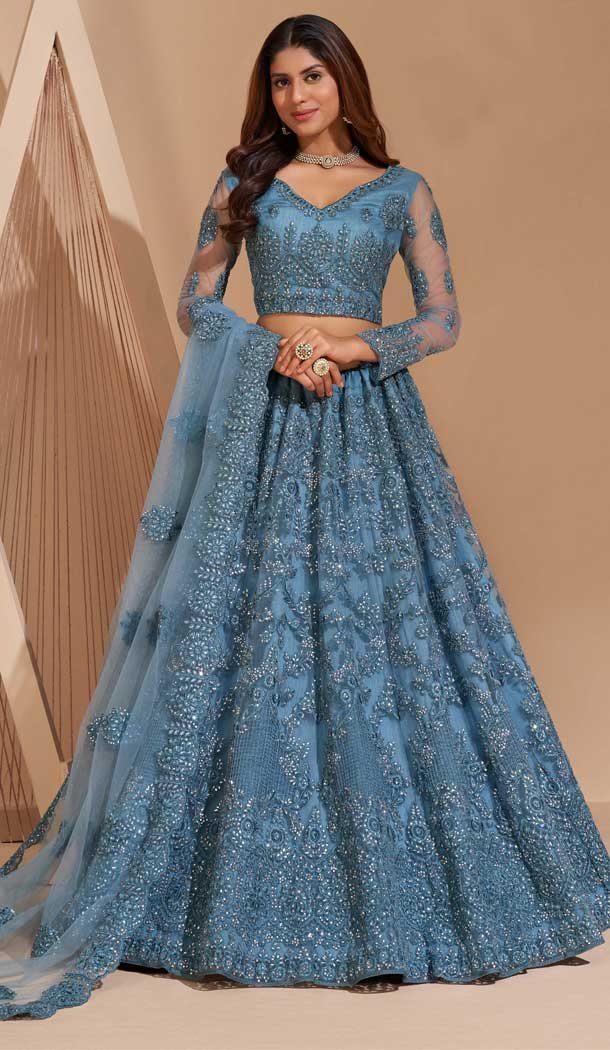 Chic Sky Blue Color Net Designer Wedding Sangeet Wear Lehenga Choli -3125144670