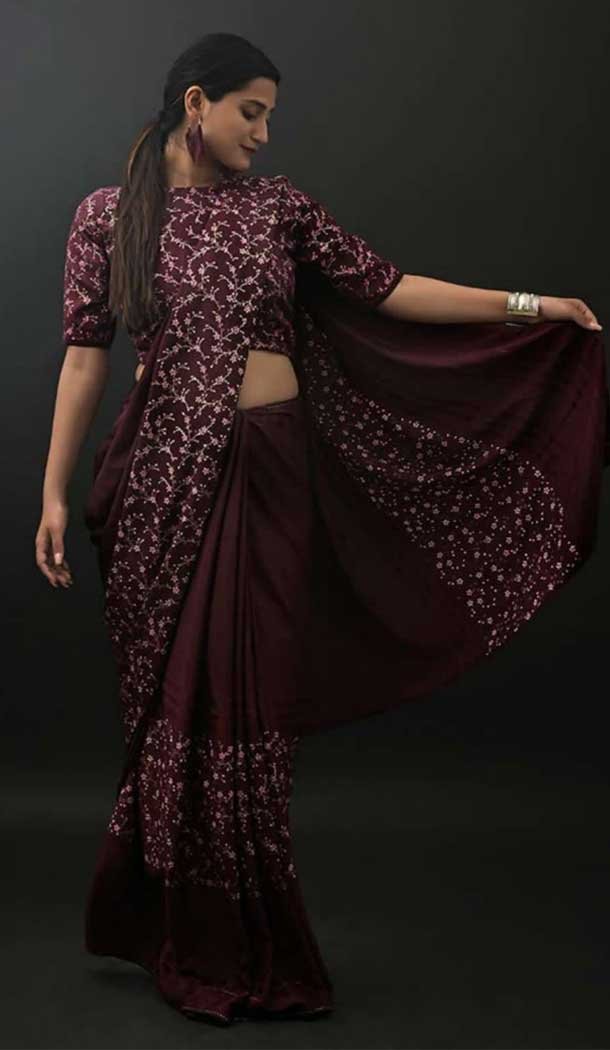 Rust Color Chinon Designer Party Wear Fancy Women Saree Blouse -3209145187