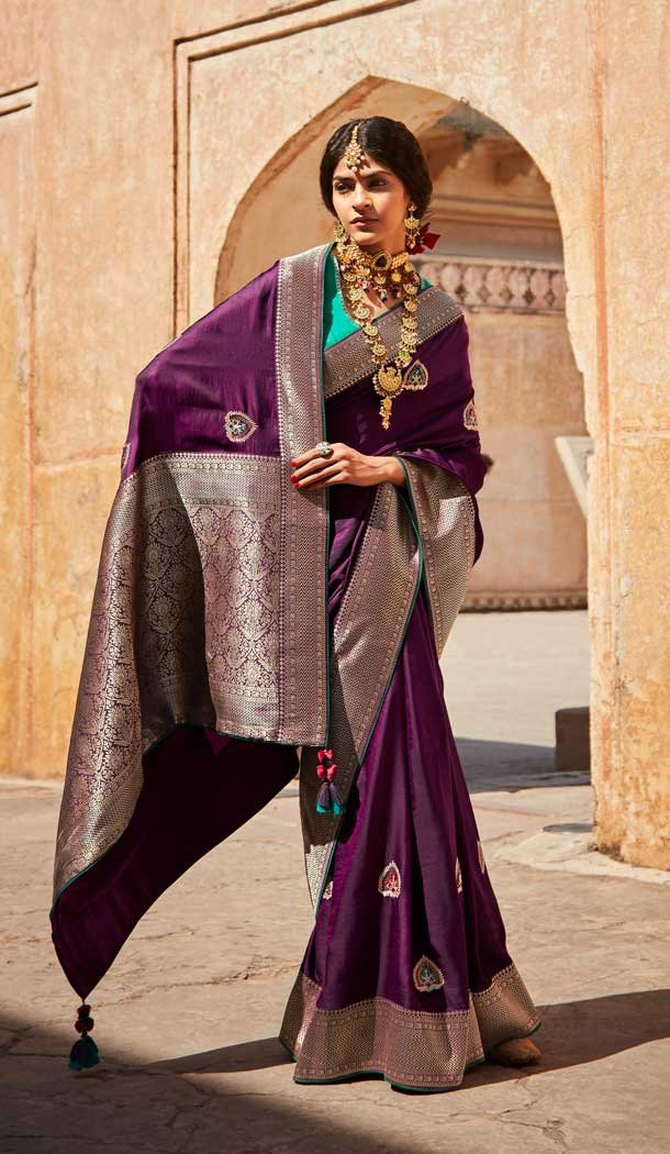 Purple Color Silk Jacquard Work Traditional Party Wear Saree Blouse -3220145275