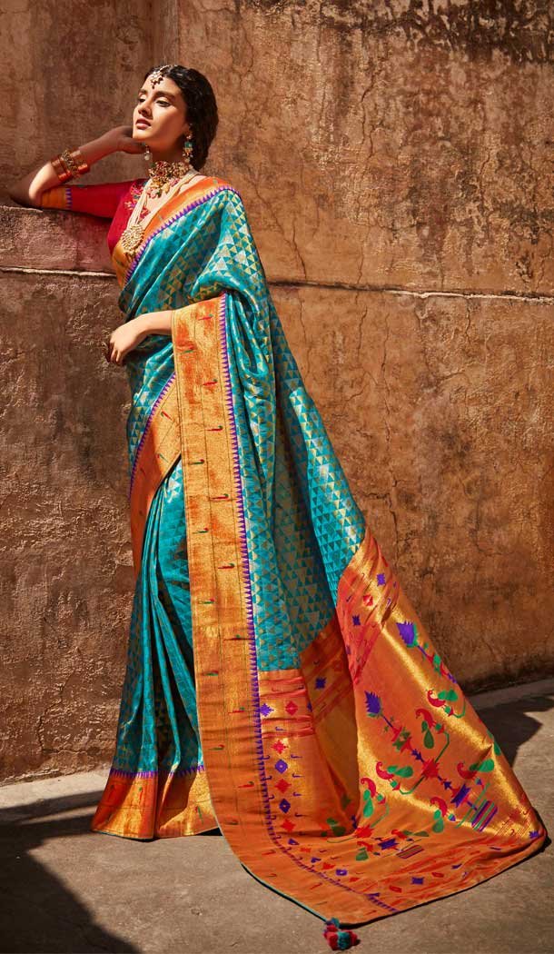 Orange Blue Color Silk Jacquard Work Traditional Party Wear Saree Blouse -3220145279
