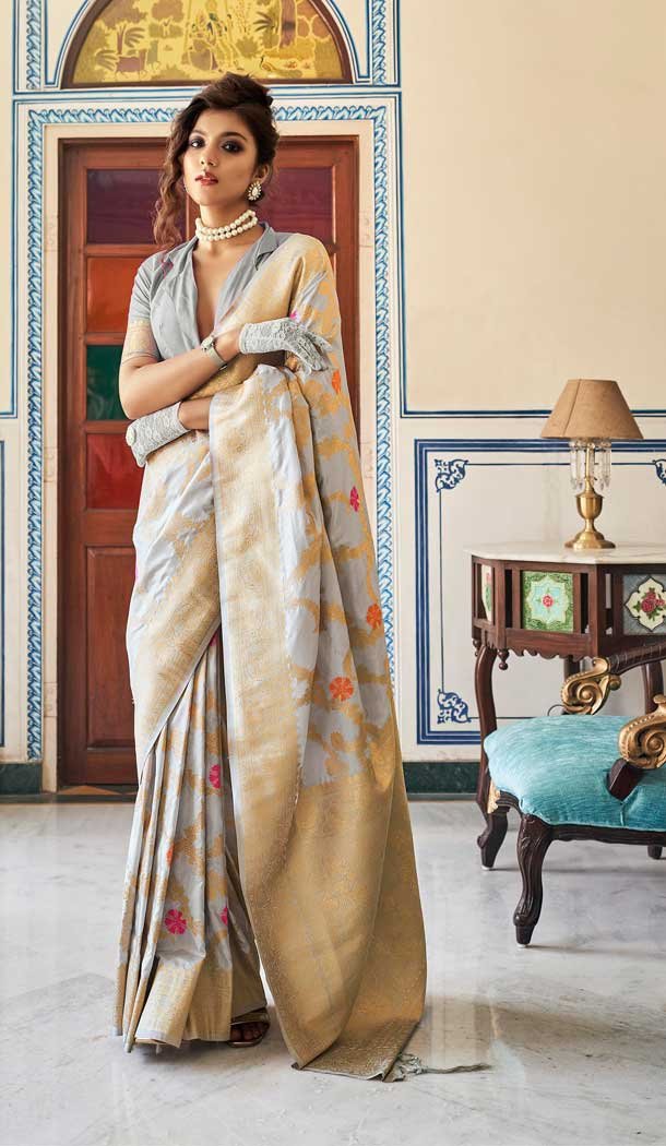 Gray Color Soft Dola Silk Traditional Party Wear Saree Blouse -3219145261