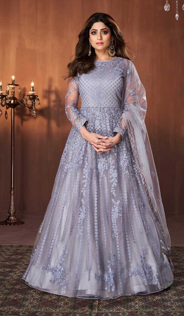 Grey Color Butterfly Net Pakistani Style Long Women Salwar Kameez -3252145537