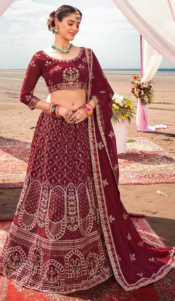 Maroon Color Georgette Designer Mehendi And Sangeet Wear Lehenga Choli -3288145768
