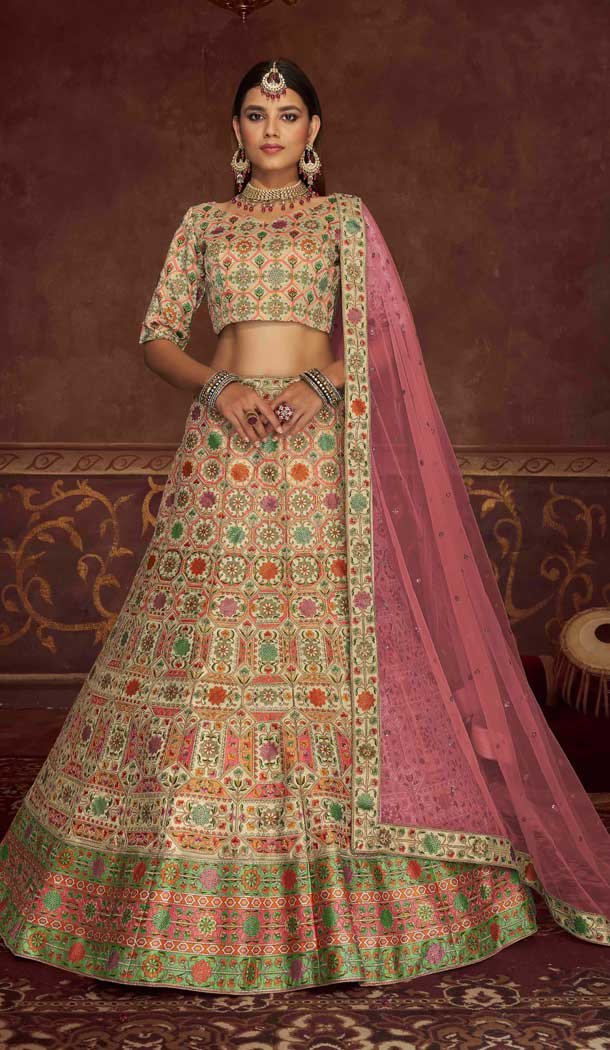 Elegant Beige Color Art Silk Designer Bridal Wedding Wear Lehenga Choli -3293145855