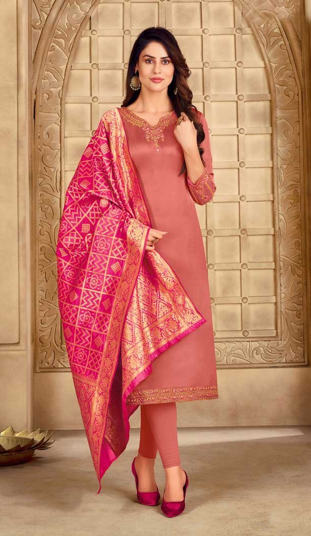 Peach Pink Color Satin Georgette Embroidery Evening Party Wear Salwar Kameez -3306145967