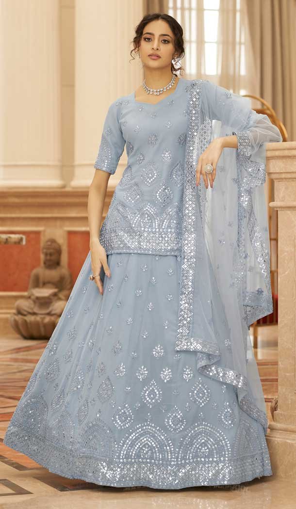 Cloudy Grey Color Georgette Designer Fancy Wear Plus Size Lehenga Choli- 3268145631
