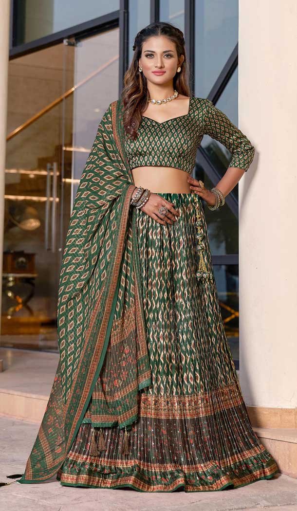 Ravishing Green Color Satin Georgette Digital Printed Party Wear Lehenga Choli -3083144399