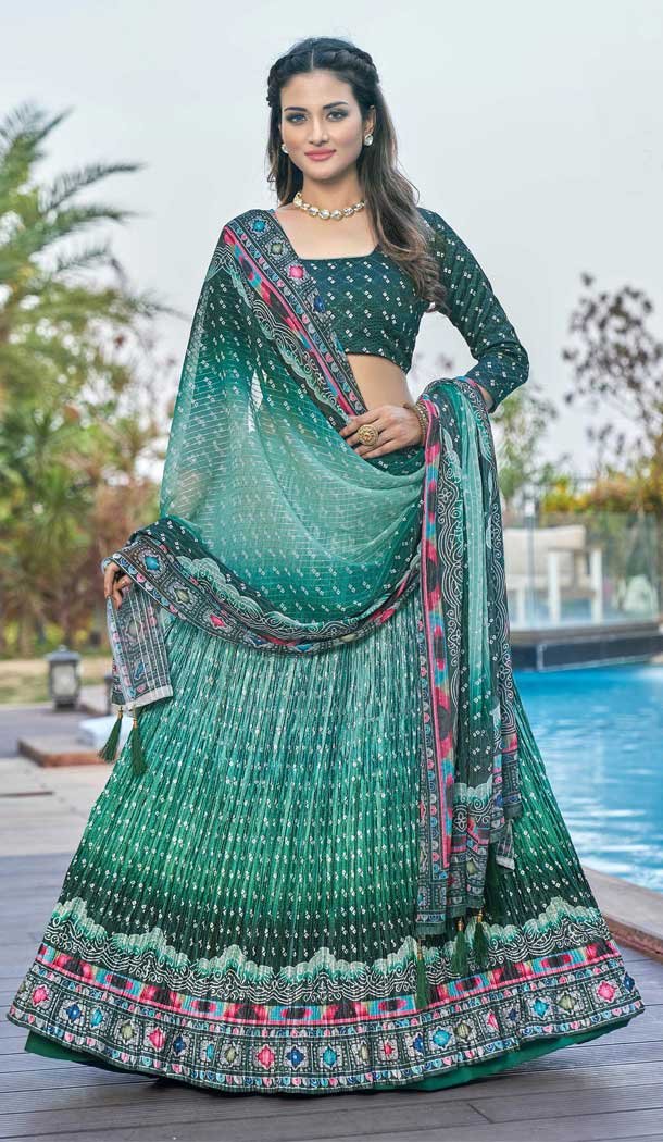 Teal Green Color Satin Georgette Digital Printed Party Wear Lehenga Choli -3083144400