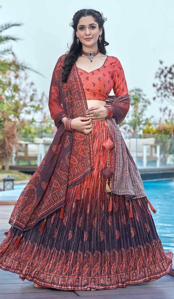 Peach Color Satin Georgette Digital Printed Party Wear Lehenga Choli -3083144401