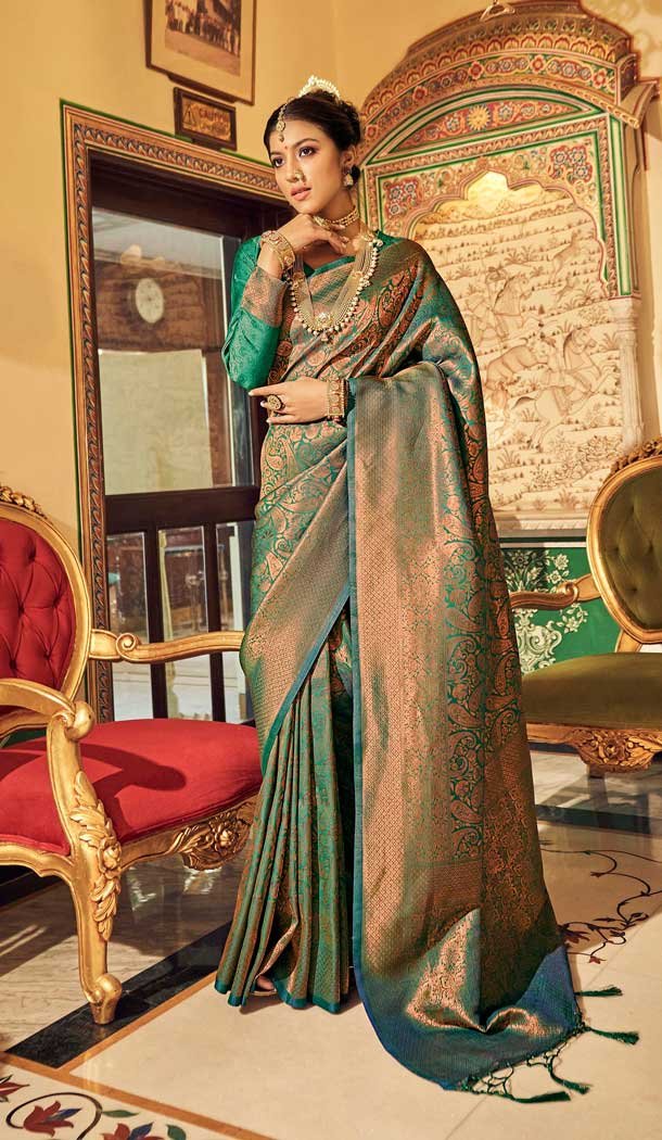 Teal Green Color Weaving Silk Traditional Party Wear Women Saree -3397146781
