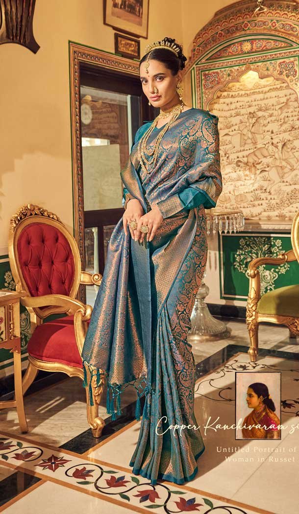 Teal Blue Color Weaving Silk Traditional Party Wear Women Saree -3397146783