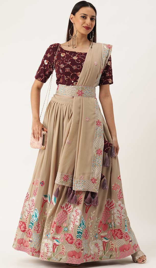 Beige Color Georgette Traditional Party Wear Women Lehenga Choli -3187145059