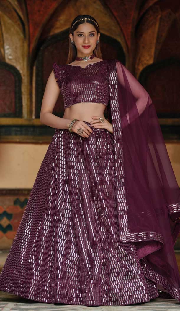 Exquisite Wine Color Pure Butterfly Net Designer Function Wear Lehenga Choli -3507147665