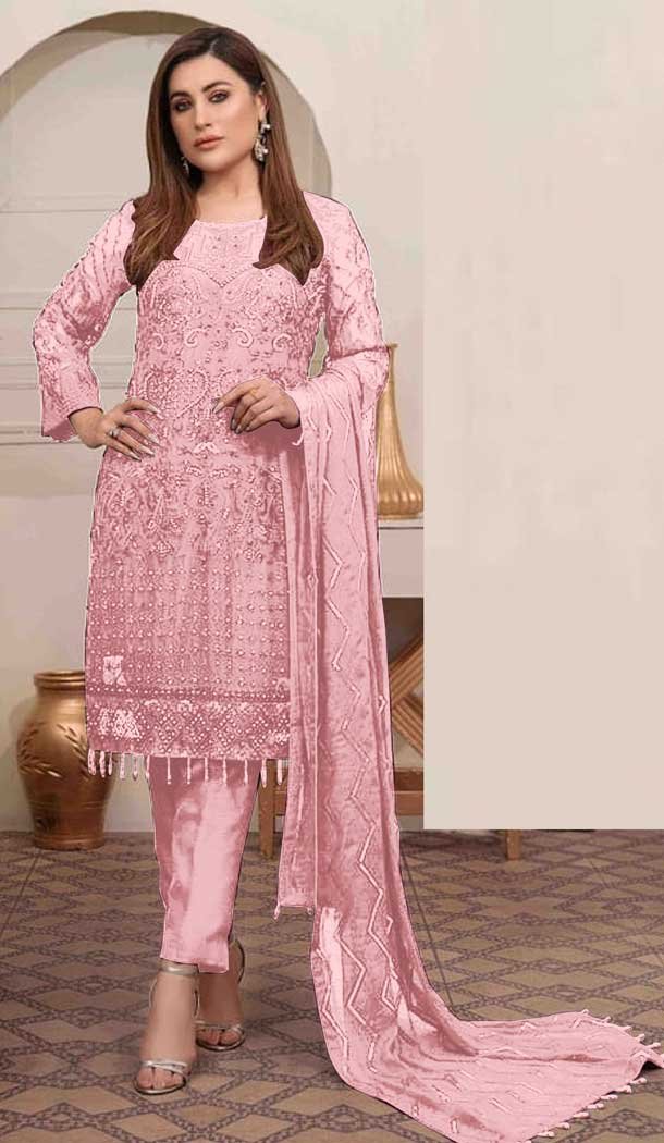 Rose Pink Color Georgette Embroidery Work Pakistani Salwar Suit -3547147975