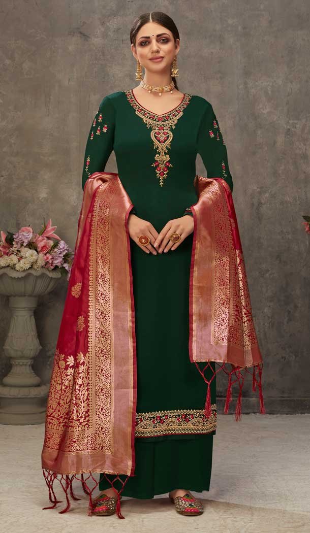 Green Color Georgette Pakistani Style Party Wear Palazzo Suit -3563148086
