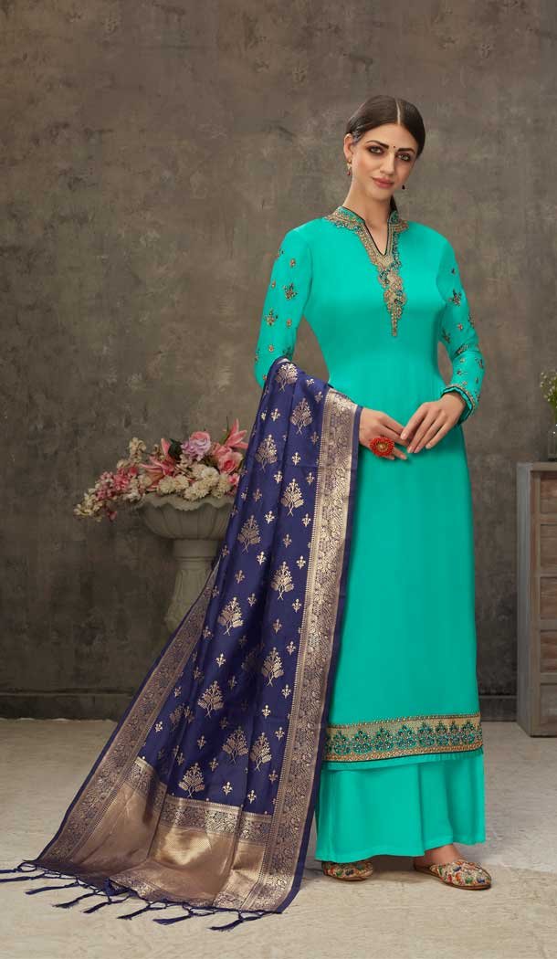 Aqua Blue Color Georgette Pakistani Style Party Wear Palazzo Suit -3563148087