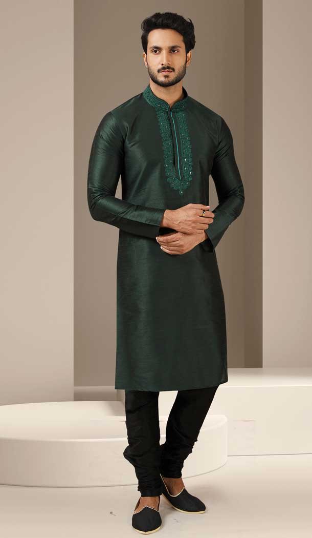 Teal Blue Color Banarasi Art Silk Readymade Mens Kurta Pajama -3567148117