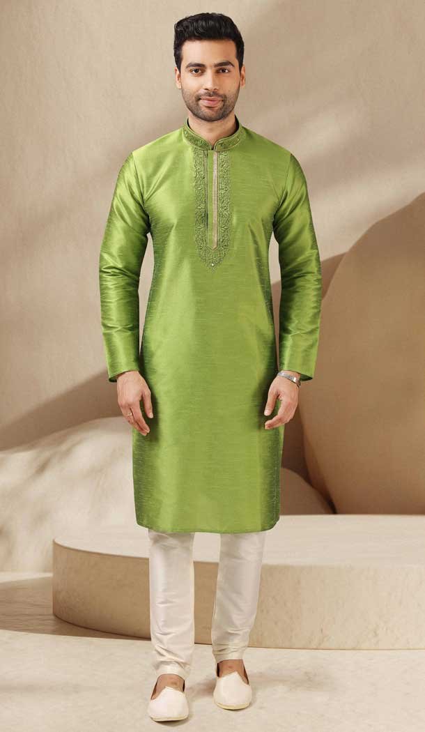 Green Color Banarasi Art Silk Readymade Mens Kurta Pajama -3567148121