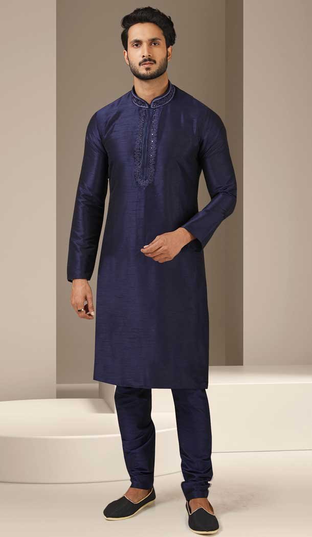 Contemporary Navy Blue Color Banarasi Art Silk Readymade Mens Kurta Pajama -3567148128