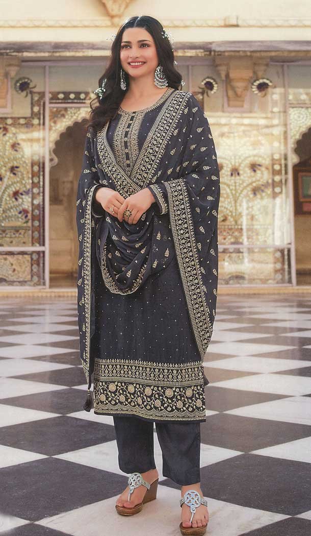 Dark Gray Color Dola Silk Celebrty Actress Prachi Desai Salwar Kameez -3572148166