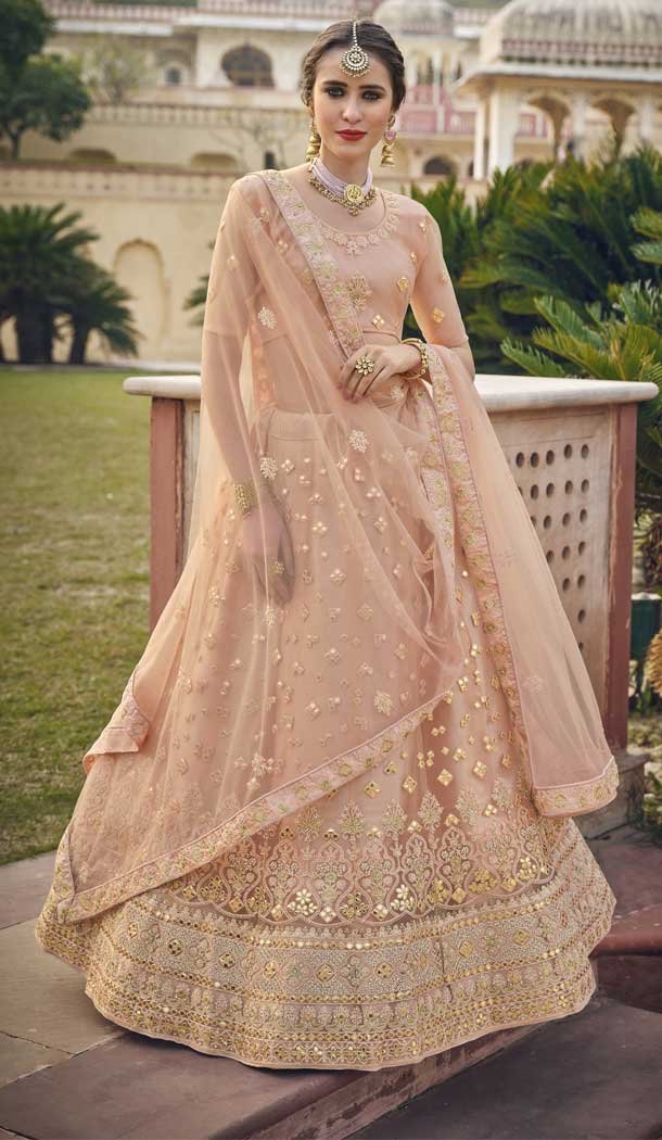 Sparkling Peach Color Net Designer Party Wear Women Lehenga Choli -3585148263