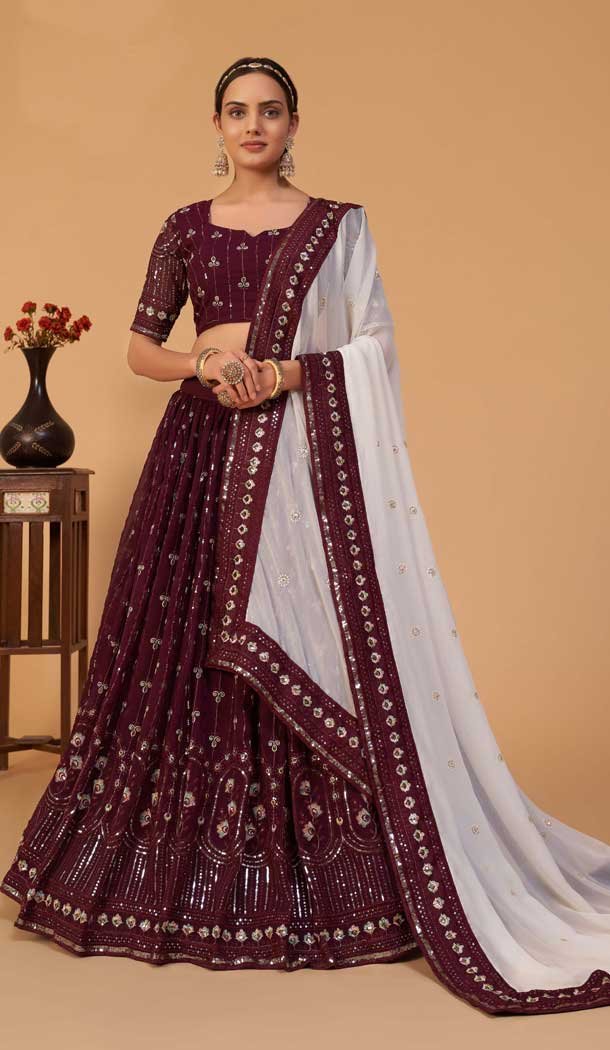 Wine Color Georgette Embroidery Designer Wear Lehenga Choli -3603148349