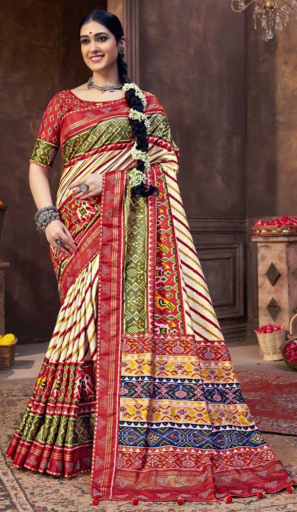 Gorgeous Multi Color Dola Silk Treditional Wear Patoal Style Saree Blouse -3627148534