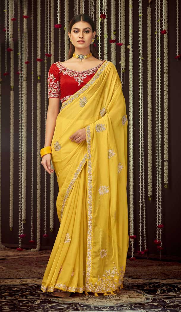 Yellow Color Organza Designer Party Wear Fancy Women Saree Blouse -3641148639