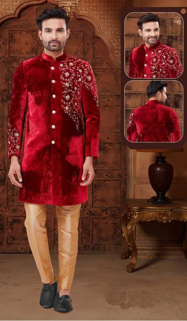 Marron Color Velvet Designer Festival Wear Men's Kurta Pajama -3670148850