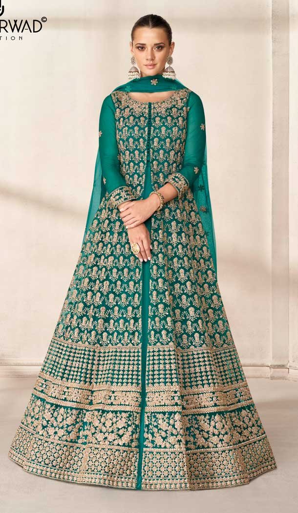 Rama Green Color Butterfly Net Designer Pakistani Style Long Salwar Kameez -3676148958
