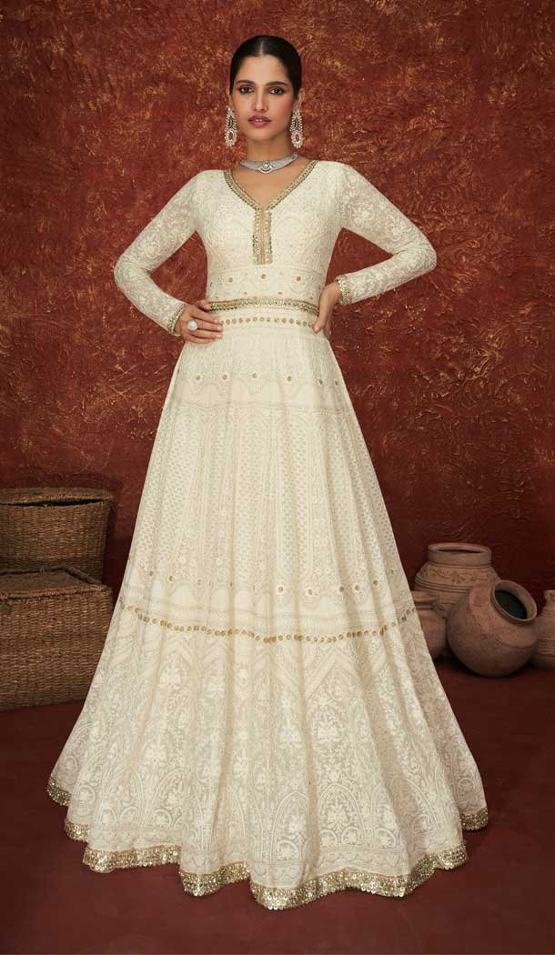 White Color Fox Georgette Designer Party Wear Long Anarkali Salwar Kameez -3697149090